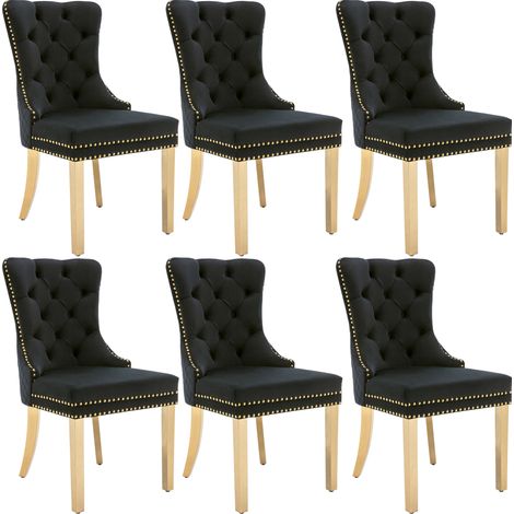 Silla de comedor tapizada en terciopelo negro con patas doradas 50,5 x 45 x 95 cm (1/5)