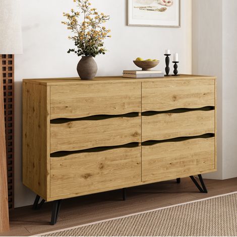 Moderner Sideboard-Schrank mit 6 Schubladen – Holzoptik, Metallfüße, Viel Stauraum, Minimalistisches Design, Für Wohnzimmer & Esszimmer – 120x40x75,5 cm (1/5)