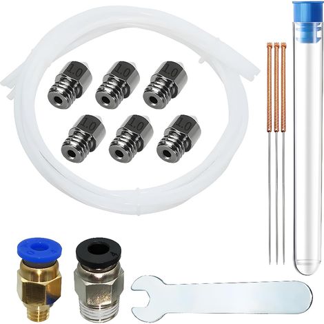 Buse MK8, 6 pièces Acier trempé Buse 1,0 mm pour Filament de 1.75mm Ender 3 avec PC4-M6-M10 (1P + 1P), tube en téflon 3  1M, 3 aiguilles nettoyage buse de 1,0 mm et clé à fourche de 6mm (1/5)