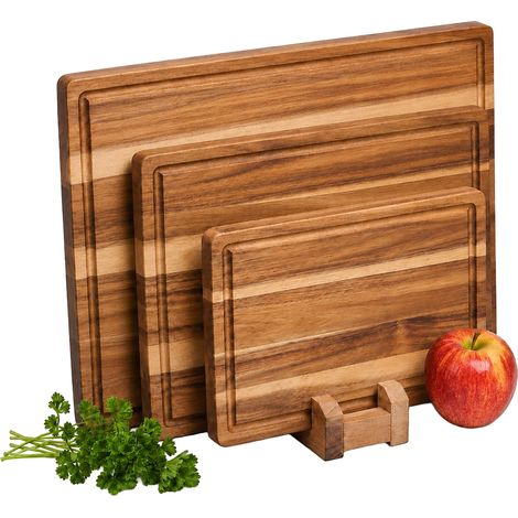 Relaxdays Chopping Boards, Set of 3, Stand, Juice Groove, Acacia Wood, Kitchen & Breakfast Boards, Brown (1/5)