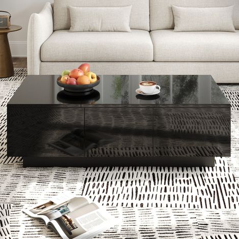 Mesa de centro de aglomerado negro 100x31x50 cm, acabado brillo parcial, con cajones y compartimentos deslizantes (1/5)