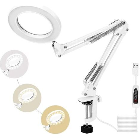 Lampe Loupe 72LED, 5X Loupe de Daylight Bureau avec Pince Métal Modes 3 Couleurs Dimmable pour Réparation l'artisanat,Couture, Lecture(Blanc) (1/5)