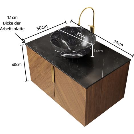 Lavabo vasque céramique noir motif pierre, meuble salle de bain 76cm avec plan en pierre frittée noire, armoire contreplaqué 2 portes placage chêne brun, support mural (1/5)
