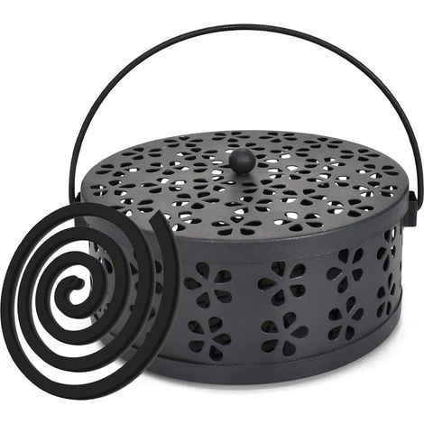 Porte Encens Classique,Support Bobine Anti-Moustique,Métal Brûleur d'Encens, Refoulement Brûleur d'Encens Charbon Poêle avec Poignée Couvercle Sécurité pour Maison, Camping, Voyages (Noir) (1/5)