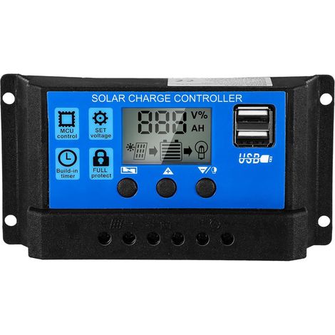 Controlador de celda solar de 12V/24V, controlador de carga de panel solar, regulador de voltaje con pantalla LCD ajustable, temporizador (10A)