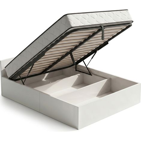 Bett mit Bettkasten 140x200 cm Metalllattenrost aufklappbar und Federkernmatratze Weiß (1/5)