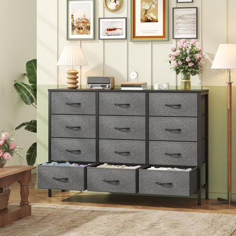Kommode mit 12 Schubladen, Stoffkommode mit Metallrahmen und MDF-Holzplatte, verstellbare Füße, Kippsicherung, Aufbewahrung Kommode für Schlafzimmer, Wohnzimmer, Kleiderschrank, Dunkelgrau (1/5)