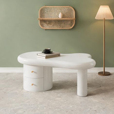 Table basse Blanc organique avec tiroirs MDF coloris blanc en MDF (1/5)