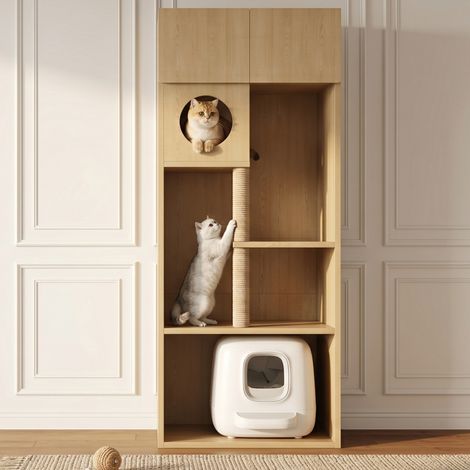 Katzenschrank mit Kratzbaum und Katzenklo-Platz, 80 x 45 x 193 cm, Natur, OKMYHOME (1/5)