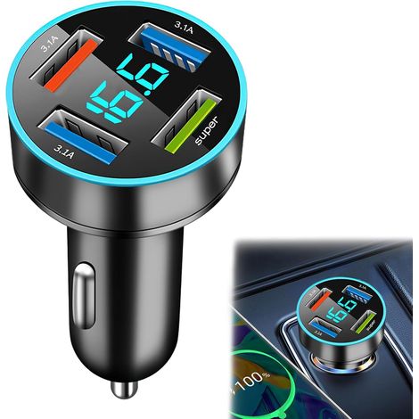 4 Ports Chargeur Voiture Allume Cigare USB, Prise USB Voiture avec LED Voltmètre, Adaptateur Charge Rapide, Compatible avec iPhone, Android, Samsung, iPad - Compact et Léger, Sécurité Avancée (1/4)