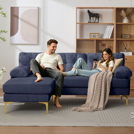 Canapé d’angle 187.5x130x79 cm bleu en bois avec méridienne réversible et tissu chenille (1/5)