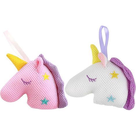 Lot de 2 éponges exfoliantes en maille, boule de douche licorne (blanche, rose)-16x10cm (1/4)