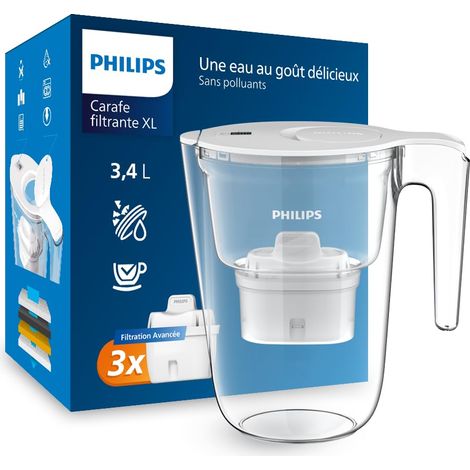 Water Carafe Filtrante XL Avec 3 Cartouches de Remplacement Filtration Avancée, Minuterie Électronique, Débit Rapide, Blanco, Capacité de 3.4 L (1/5)