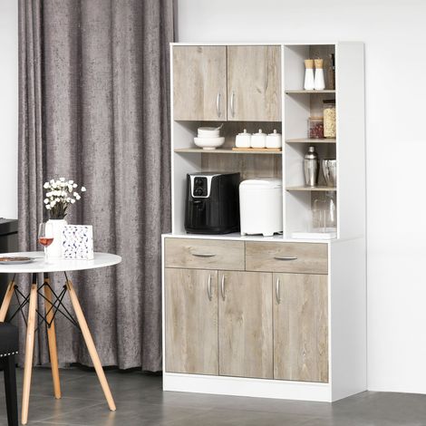 Küchenbuffet-Schrank, Schubladentüren und offene Fächer, 100 cm (B) x 39 cm (T) x 181,5 cm (H), Weiß und Holz