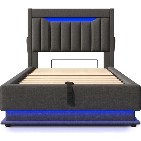 Einzelbett 90 x 200 cm mit Stauraum, LED-Kopfteil und USB/Typ-C-Anschlüssen, grau, Leinen (1/5)