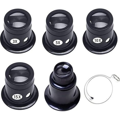 Juego de 5 lupas de relojero de diferentes aumentos, kits de lupas para reparación de relojes, juego de lupas de relojero, 3X / 5X / 10x / 15x / 20x, para relojeros y joyeros. (1/5)