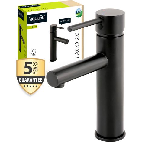 'aquaSu® Waschbeckenarmatur Lago 2.0 hoch, Wasserspar-Kartusche, Kosten-sparende Kaltwassermittelstellung, Keramikkartusche, Waschtischarmatur mit Pop-Up-Ventil Typ 1 1/4 '', schwarz, 795524 (1/5)