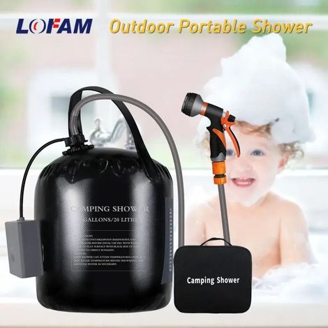 Douche de camping portable avec sac chauffant solaire de 20 L et kit de pompe électrique rechargeable pour animaux de compagnie, voiture, randonnée et lavage en plein air (1/4)