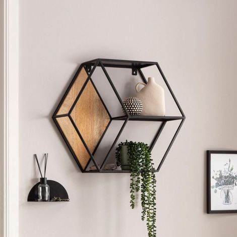 Etagère hexagonale mural 60x20x52 cm en manguier et métal