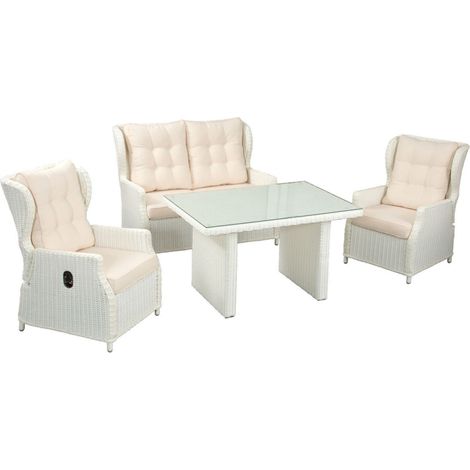 Inko 4-teilige Lounge-Sitzgruppe Leona Rattanoptik mit Tisch 120x83 cm weiß Tischplatte aus Glas