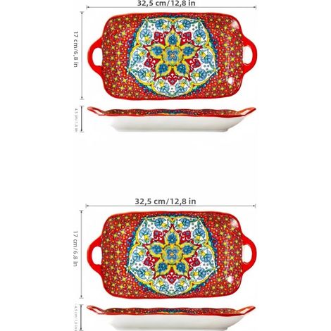 (2 rouges) Assiettes plates rectangulaires en céramique de style bohème, en forme de poisson, de 32,5 cm de diamètre, compatibles avec le chauffage (1/5)