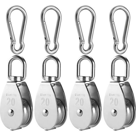 8 Pièces Kit de Poulie de Levage,4 Pièces M20 Poulie pour Cable en Acier Inoxydable avec 4 Pièces Mousqueton M5,Bloc de Poulie Pivotant à 360° Poulie à Crochet Poulie Rouleau Charge de 75kg (1/5)