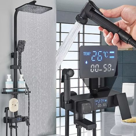 Zamery – Colonne de douche noire en acier inoxydable 304 – Finition mate – Douchette à main avec tuyau 150 cm – Hauteur réglable 90-120 cm (1/5)