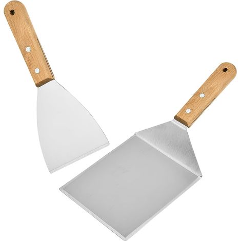 Set Spatule Barbecue Acier Inoxydable - 2 Pièces - Manche Bois - Presse Burger Et Plancha - Cuisson Viande Légumes - 30x13cm Et 24x9.8cm