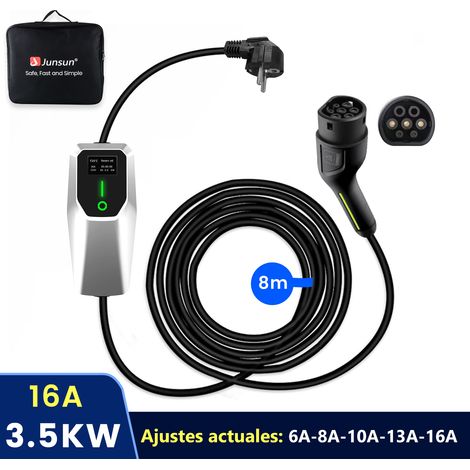 Hexinex Câble de recharge domestique Schuko à courant réglable pour véhicules électriques, 8 m, 3,5 kW, 16 A, type UE 2