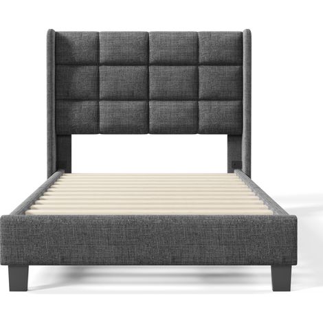 Cama individual capitoné 90 x 200 cm en lino gris con somier de láminas (1/5)