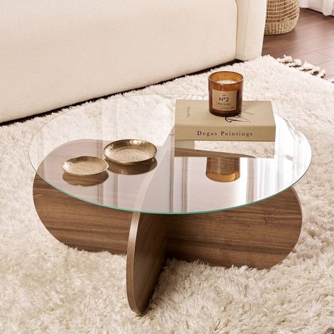 Kaffeetisch Cugnoli, rund, Glasplatte, Transparent, 75x75x35h cm, Nussbaum Braun (1/5)