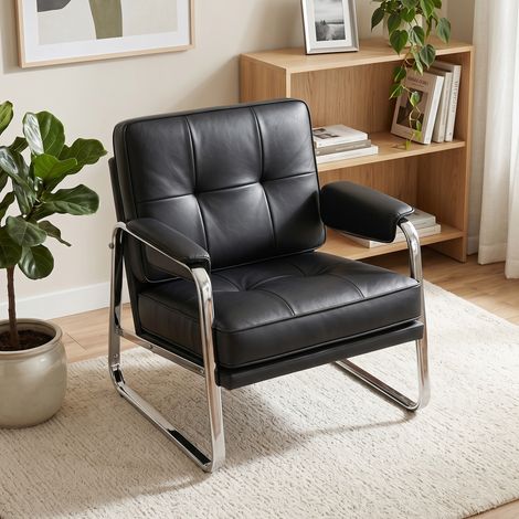 Fauteuil lounge avec assise large, accoudoirs et pieds en acier, revêtu de similicuir noir, idéal pour le salon ou la chambre.