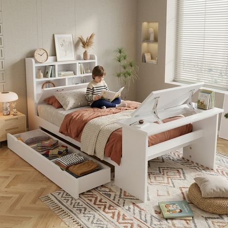 Jugendbett 90x200 mit Stauraum und verstellbarem Klapptisch, Multifunktionsbett mit Kopfteilregal und Schublade, Holzbett Weiß FSC (1/5)