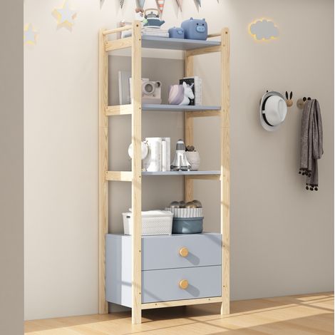 Mueble de almacenaje 4 niveles con 2 cajones, 70 x 44 x 180 cm, azul y madera HAVRYA (1/5)