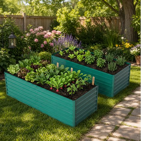 Jardín elevado de 190x90x64 cm con base abierta, estructura reforzada resistente a la intemperie, metal verde (1/5)