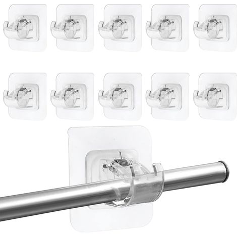 10 Stück Klemmhalter für Gardinenstangen ohne Bohren, Türhandtuchhalter Clips, selbstklebende transparente Stangenhalter, Klebehaken für Gardinenstangen für Küche und Badezimmer (ohne Stange)