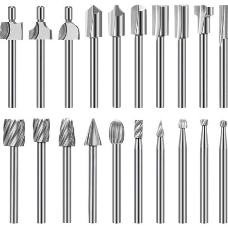 Jeu de Mèches de Gravure Haute Dureté, 10pcs Mèches de Gravure en Carbure HSS & 10pcs Mèches de Toupie Tige 1/8"(3mm) pour Outils Rotatifs pour Bricolage en bois, Mèches de Toupie en bois, Sculpture, (1/5)