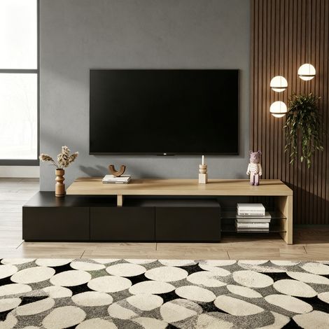 Meuble TV avec éclairage LED, Armoire de Télévision moderne, Lowboard noir et bois, avec 3 tiroirs et espace de rangement ouvert, pour Salon, Chambre, 200 x 39 x 42 cm