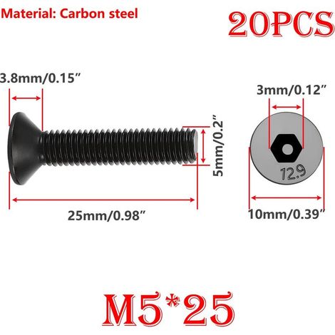 20 Stück M5x25 mm Senkkopfschrauben, Flachkopf-Innensechskantschrauben, Sechskantschrauben aus Kohlenstoffstahl, Vollgewinde (1/5)