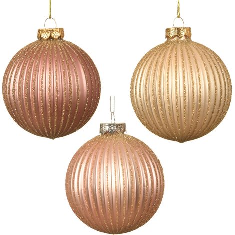 Palline per albero di Natale in vetro con righe da 8 cm, confezione da 4 pezzi -Rosa Velluto