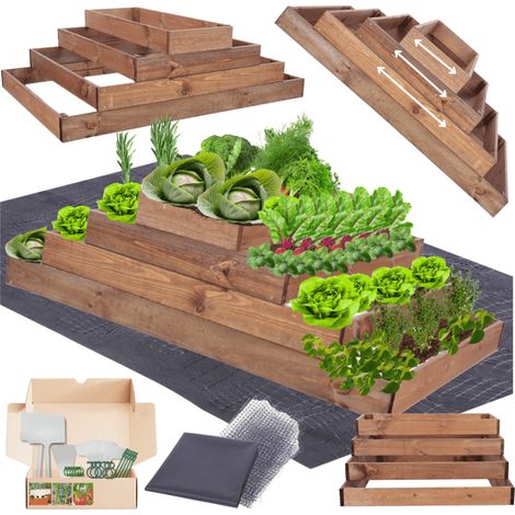 MODO24 ZP09 Carré potager surélevé en escalier modulable, bois de pin, herbes/légumes, jardin/terrasse/balcon, 36x117x90 cm, marron
