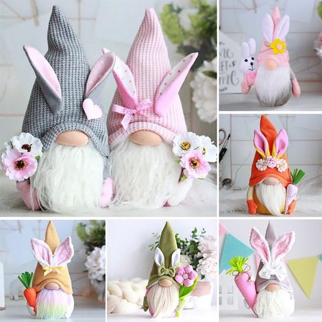 Gnome Lapin - Décoration Printemps Pâques - Figurine Tissu à Carreaux - Barbe Blanche et Oreilles Arrondies - 23 cm - 1 Pièce (1/5)