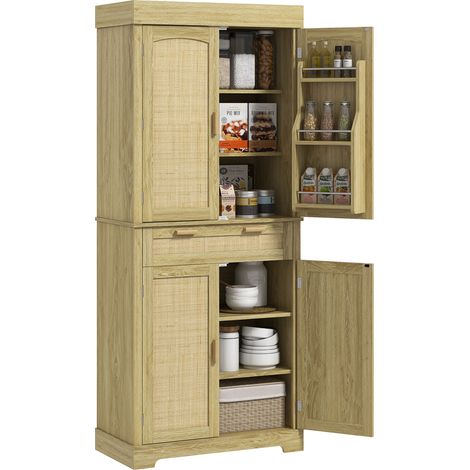 Credenza Cucina Stile Boho con 2 Armadietti, Cassetto e Portaspezie in Legno e Rattan, 76x40x183cm, Rovere