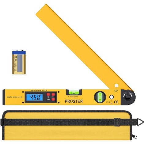 Rapporteur d’Angle Numérique 0–225° - Règle d’Angle 400 mm / 16 Pouces avec LCD Rétroéclairé, HOLD, Niveaux à Bulle, Fausse Équerre pour Menuiserie, Charpente, Bricolage (Jaune) (1/5)