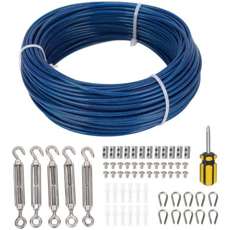 Kit de tendeur pour câble en acier gainé plastique bleu de 30 m (100 pi), kit de treillis en fil de 3 mm pour étendoir à linge, clôture pour plantes, guirlande lumineuse, etc. (1/5)