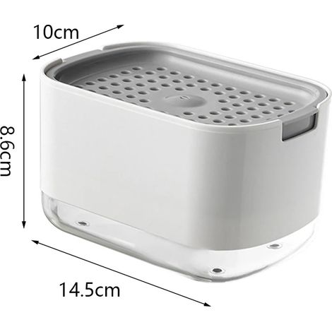 Distributeur de savon (blanc) avec distributeur à pression, réservoir de liquide vaisselle, boîte automatique pour mousse détergente avec porte-éponge, pour cuisine et salle de bain. (1/5)