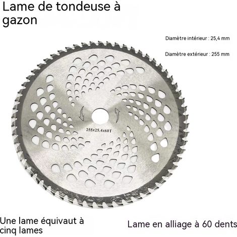 Lame de débroussailleuse en carbure 60 dents, diamètre 255mm alésage 25.4mm, lame de coupe-herbe alliage résistante pour débroussailleuse thermique