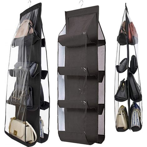 Organisateur de placard suspendu pour sacs à main, noir, 8 poches transparentes, cintre en métal, gain de place (1/5)