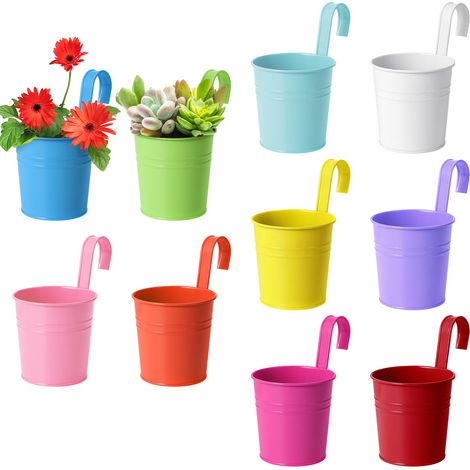 10PCS Pots de Fleurs en Métal Vintage Jardinière Murale en Fer Coloré Pots de Plantes Suspendus pour Clôture Balcon Jardinière Décoration Intérieure avec Crochet Détachable Rond (1/5)