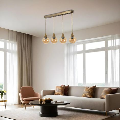 Lustre ambre et doré, corps en métal, hauteur réglable 65 cm, diamètre 15 cm, E27 max. 40 W, IP20, pour les espaces de vie modernes et les salles à manger (1/5)